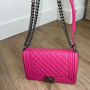 HOT PINK SILVER GREY METAL CHAIN HANDBAG BAG PURSE WOMENS TUFTED PURSE